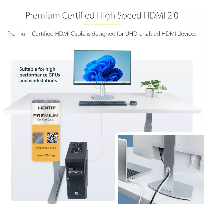 StarTech.com 10ft (3m) Premium sertifikuotas didelės spartos HDMI kabelis, 4K 60Hz/1440p 144Hz, HDR10/HDCP 2.2/ARC, 18Gbps, UHD HDMI 2.0 laidas TV/monitoriui/ekranui, TPE apvalkalas, baltas
