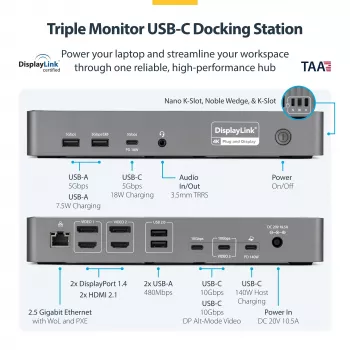 StarTech.com universali USB-C dokų stotelė trims monitoriams, 140W įkrovimas, 4K 60Hz HDMI / DisplayPort, TAA