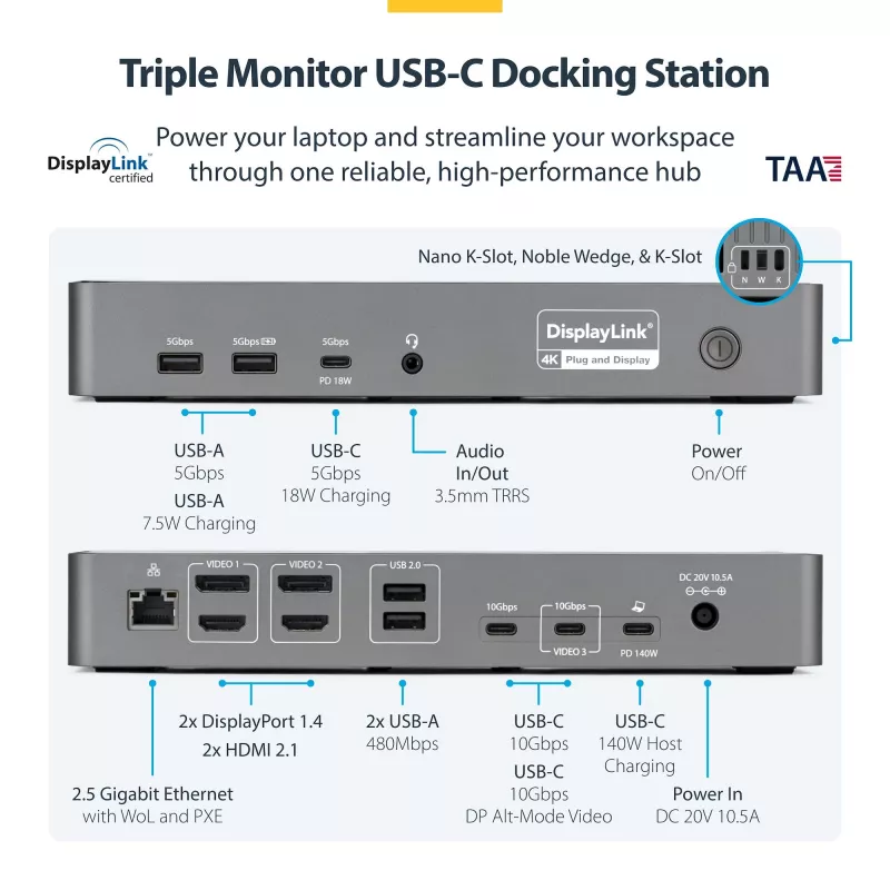 StarTech.com universali USB-C dokų stotelė trims monitoriams, 140W įkrovimas, 4K 60Hz HDMI / DisplayPort, TAA