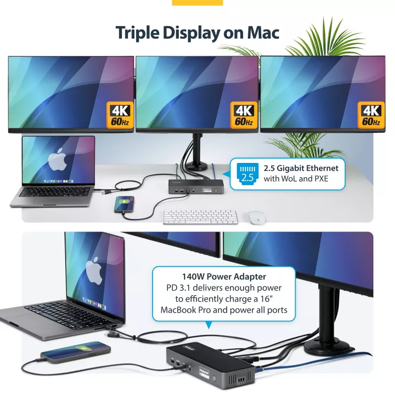 StarTech.com universali USB-C dokų stotelė trims monitoriams, 140W įkrovimas, 4K 60Hz HDMI / DisplayPort, TAA