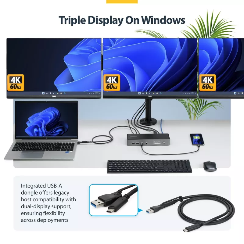 StarTech.com universali USB-C dokų stotelė trims monitoriams, 140W įkrovimas, 4K 60Hz HDMI / DisplayPort, TAA