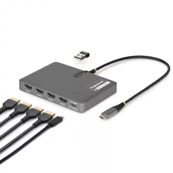 StarTech.com USB-C į keturių monitorių darbo vietos adapteris, 4K 60Hz HDMI, 140W PD perdavimas nešiojamojo kompiuterio įkrovimui, USB prievadas belaidžiam klaviui / pelei, TAA