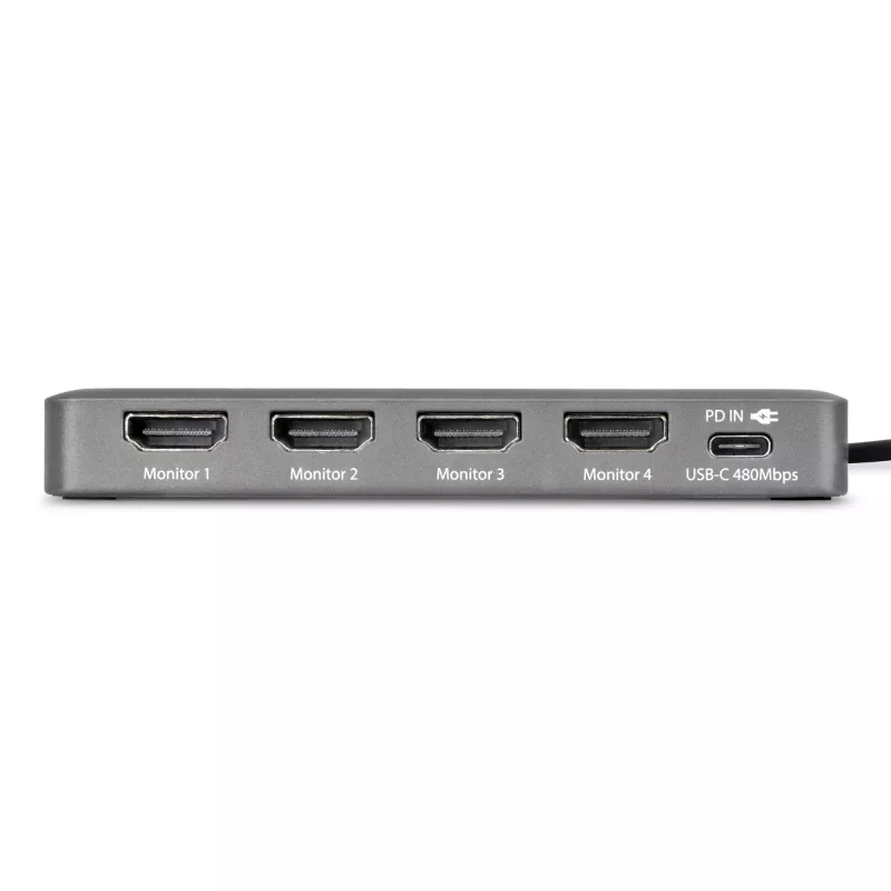 StarTech.com USB-C į keturių monitorių darbo vietos adapteris, 4K 60Hz HDMI, 140W PD perdavimas nešiojamojo kompiuterio įkrovimui, USB prievadas belaidžiam klaviui / pelei, TAA