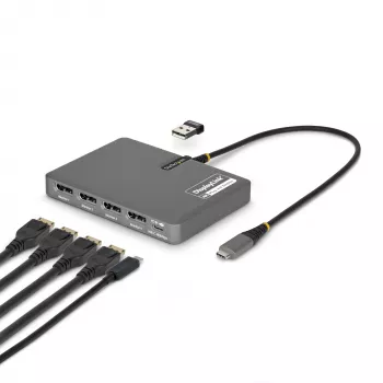 StarTech.com USB-C į keturių monitorių darbo vietos adapteris, 4K 60Hz DisplayPort, 140W PD praėjimas nešiojamojo kompiuterio įkrovimui, USB prievadas belaidžiai klaviatūrai / pelei, TAA