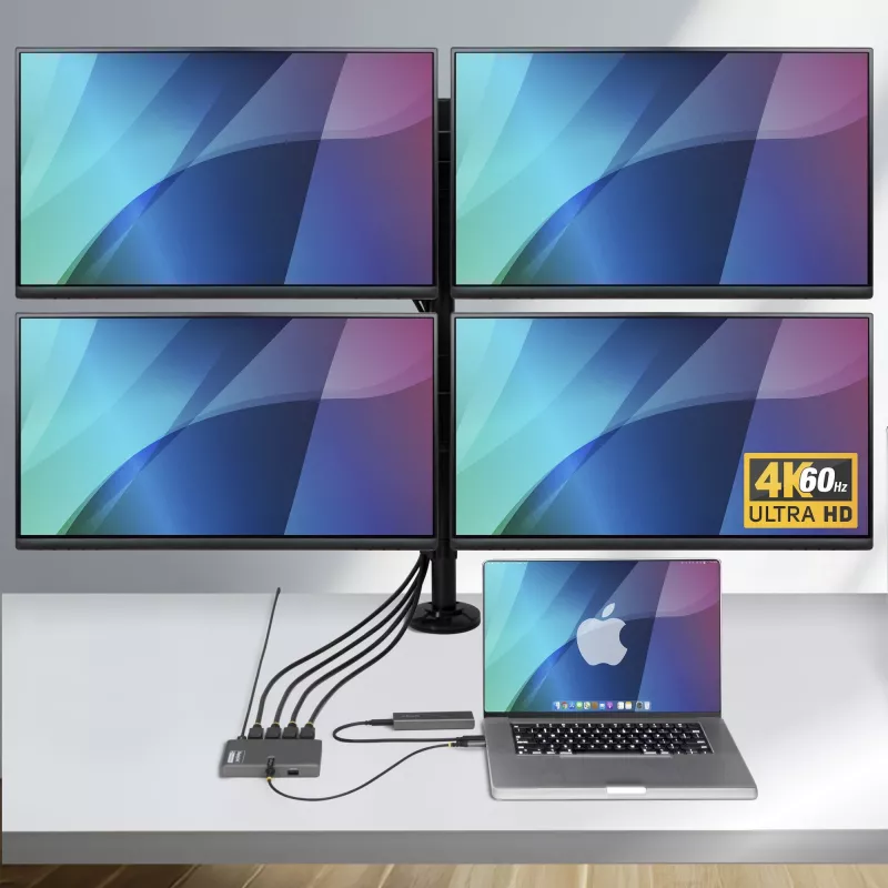 StarTech.com USB-C į keturių monitorių darbo vietos adapteris, 4K 60Hz DisplayPort, 140W PD praėjimas nešiojamojo kompiuterio įkrovimui, USB prievadas belaidžiai klaviatūrai / pelei, TAA