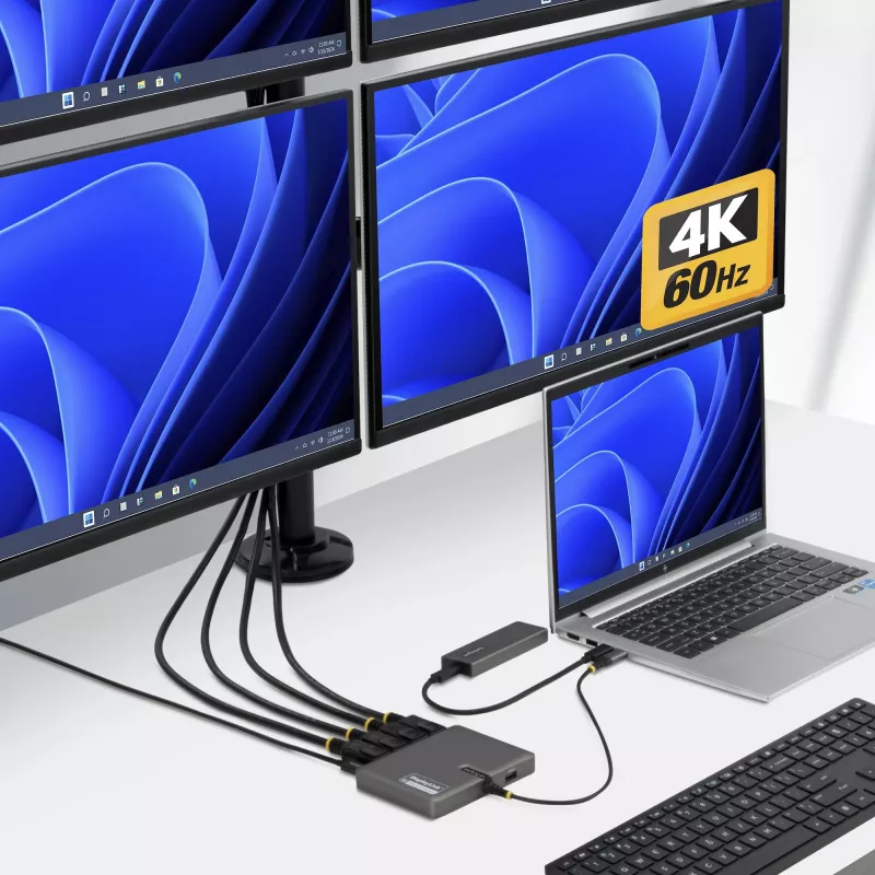 StarTech.com USB-C į keturių monitorių darbo vietos adapteris, 4K 60Hz DisplayPort, 140W PD praėjimas nešiojamojo kompiuterio įkrovimui, USB prievadas belaidžiai klaviatūrai / pelei, TAA