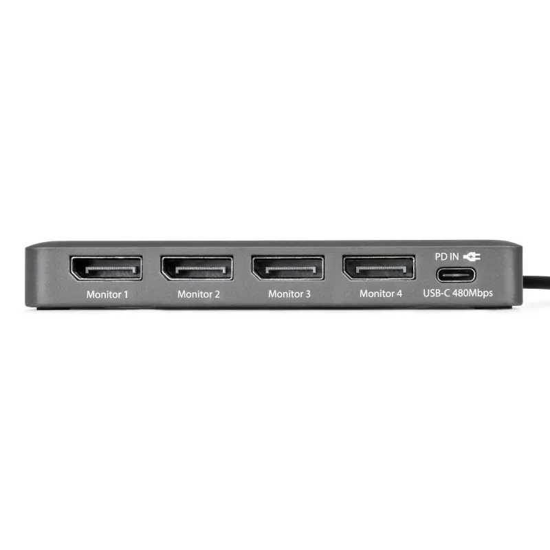 StarTech.com USB-C į keturių monitorių darbo vietos adapteris, 4K 60Hz DisplayPort, 140W PD praėjimas nešiojamojo kompiuterio įkrovimui, USB prievadas belaidžiai klaviatūrai / pelei, TAA