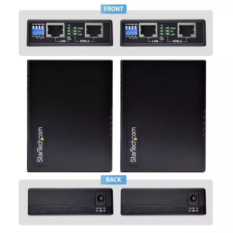 „StarTech.com“ VDSL2 eterneto plėtiklio rinkinys per vieną porą laidų, iki 1 km, 300 Mbps, LAN kartotuvas per telefono liniją / CAT5e / CAT6, pakaitalas 110VDSLEXTEU - TAA