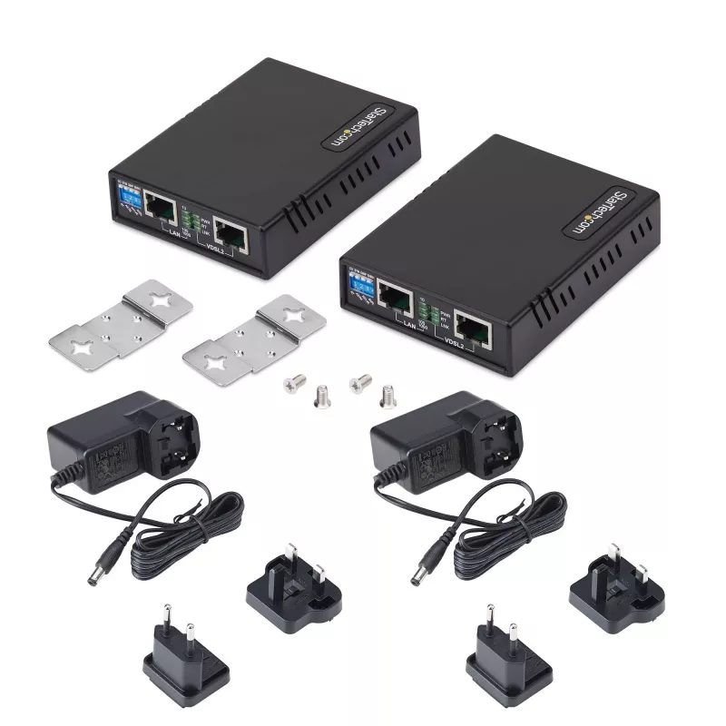 „StarTech.com“ VDSL2 eterneto plėtiklio rinkinys per vieną porą laidų, iki 1 km, 300 Mbps, LAN kartotuvas per telefono liniją / CAT5e / CAT6, pakaitalas 110VDSLEXTEU - TAA