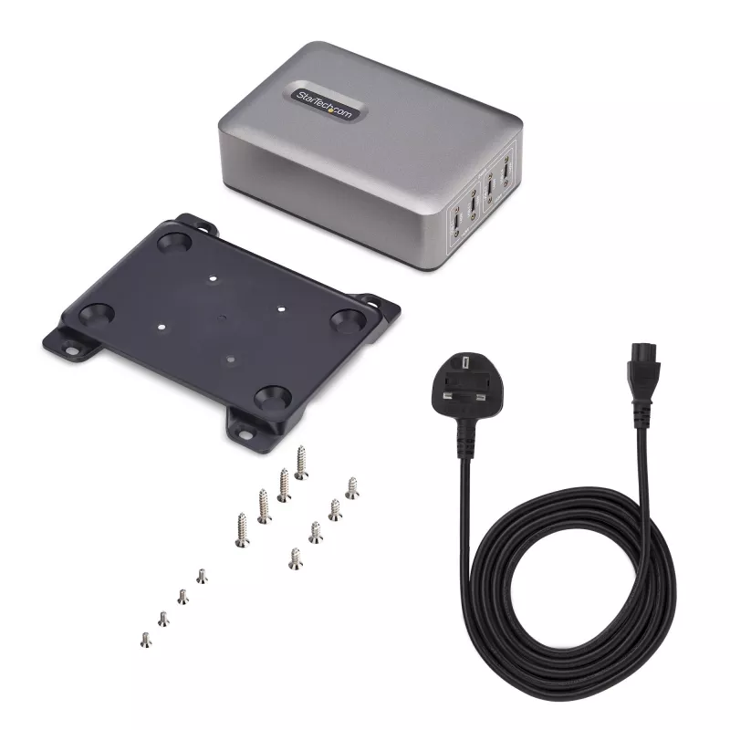 StarTech.com 4 prievadų kelių įrenginių USB-C įkroviklis, 240 W bendra galia, vienas prievadas 140 W EPR, PD 3.1, užsukami prievadai, konferencijų salėms, laikiklis montavimui ant paviršiaus