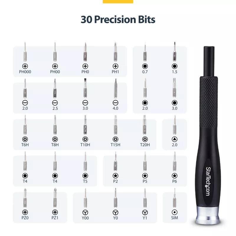 StarTech.com 40 dalių kompiuterių remonto rinkinys nešiojamiesiems / staliniams / elektronikai / telefonams, 30 bitų precizinis atsuktuvų rinkinys, nuimamas dangtelis su magnetiniu padėklu, atidarymo įrankiai