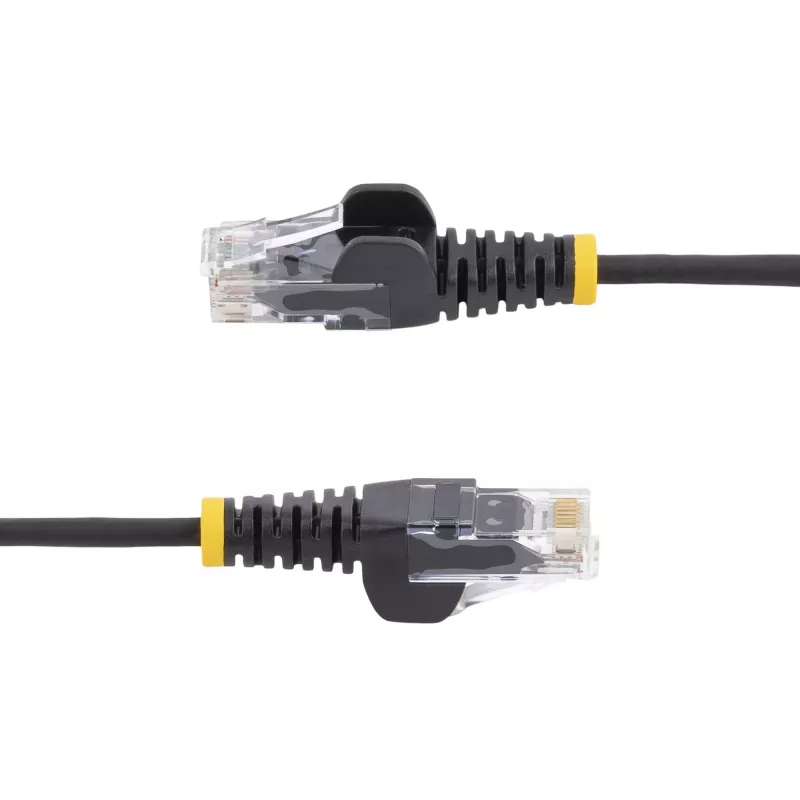StarTech.com 25 cm juodas plonas CAT6 Ethernet kabelis, be užkabinimų, 100W PoE, UTP, LSZH, 28AWG gryna varinė viela, plonas RJ45 tinklo jungiamasis laidas su įtempimo mažinimo elementais, individualiai išbandytas