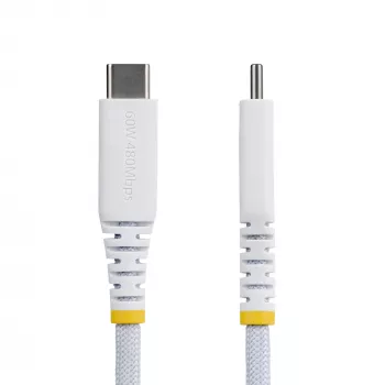 StarTech.com 2 m USB-C įkrovimo laidas, 60W (3A) PD, dviejų sluoksnių pintas nailono/TPE apvalkalas, tvirtas USB C įkrovimo laidas, USB 2.0 nešiojamojo kompiuterio įkrovimo laidas, baltas