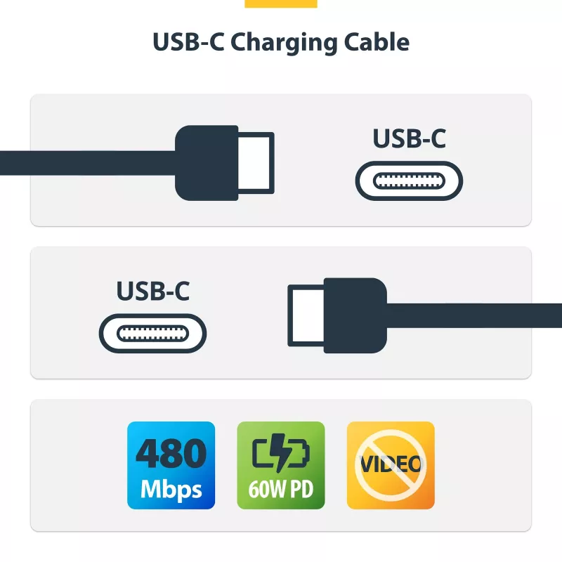 StarTech.com USB-C įkrovimo laidas, 15 cm, 60 W (3 A) PD, dviejų sluoksnių pintas nailonas/TPE, USB 2.0