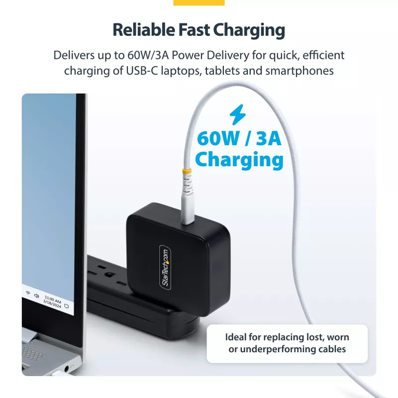 StarTech.com USB-C įkrovimo laidas, 15 cm, 60 W (3 A) PD, dviejų sluoksnių pintas nailonas/TPE, USB 2.0