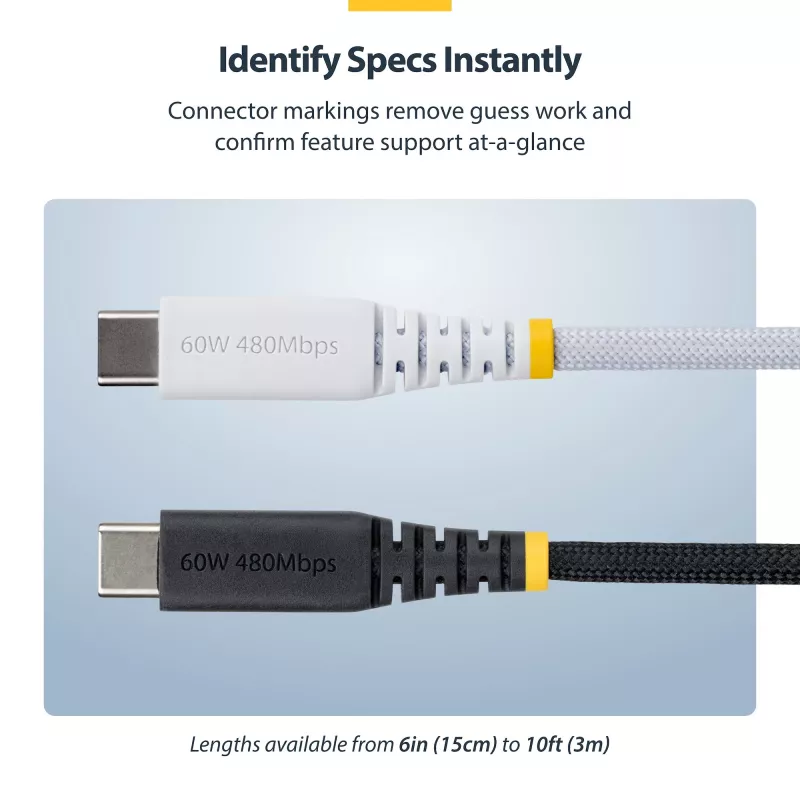 StarTech.com USB-C įkrovimo laidas, 15 cm, 60 W (3 A) PD, dviejų sluoksnių pintas nailonas/TPE, USB 2.0
