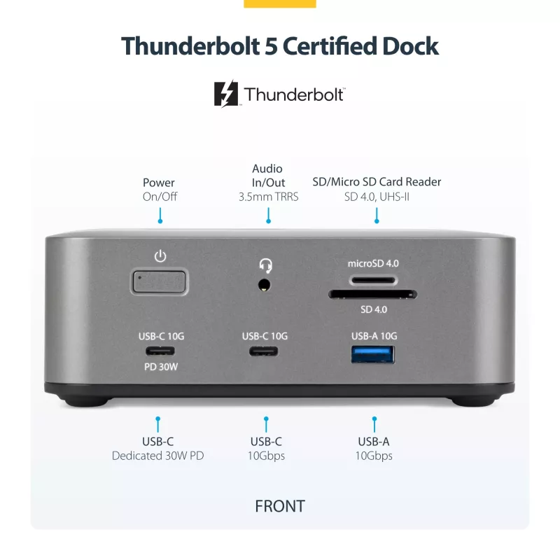StarTech.com Thunderbolt 5 dokavimo stotis, DP / HDMI, trijų monitorių dokas iki 4K 144Hz arba dviejų 8K 60Hz, 5x USB prievadai, 140W nešiojamojo kompiuterio įkrovimas
