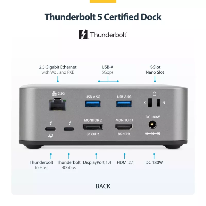 StarTech.com Thunderbolt 5 dokavimo stotis, DP / HDMI, trijų monitorių dokas iki 4K 144Hz arba dviejų 8K 60Hz, 5x USB prievadai, 140W nešiojamojo kompiuterio įkrovimas