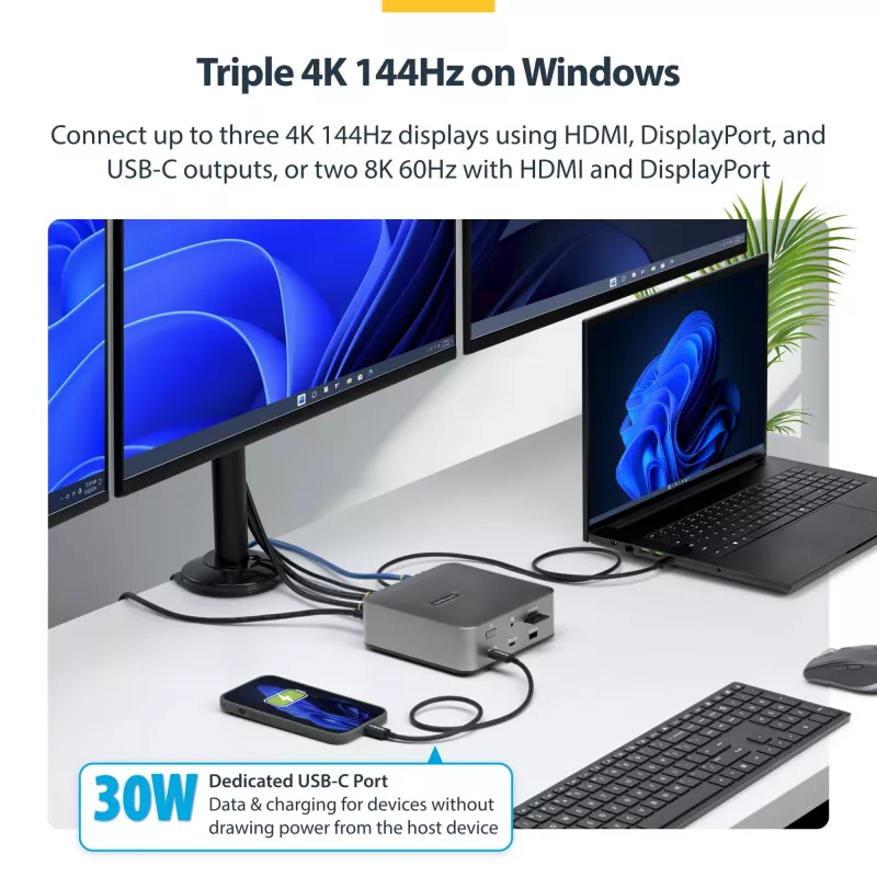 StarTech.com Thunderbolt 5 dokavimo stotis, DP / HDMI, trijų monitorių dokas iki 4K 144Hz arba dviejų 8K 60Hz, 5x USB prievadai, 140W nešiojamojo kompiuterio įkrovimas