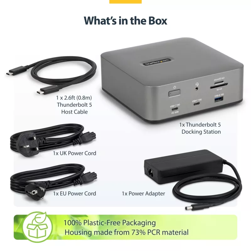 StarTech.com Thunderbolt 5 dokavimo stotis, DP / HDMI, trijų monitorių dokas iki 4K 144Hz arba dviejų 8K 60Hz, 5x USB prievadai, 140W nešiojamojo kompiuterio įkrovimas