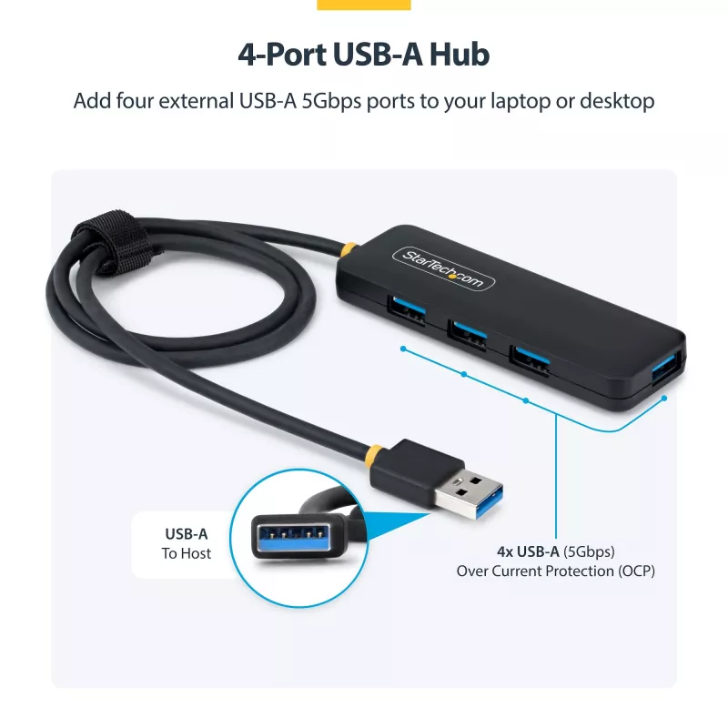 StarTech.com 4 prievadų USB-A šakotuvas, 5 Gbps, maitinamas iš magistralės, USB-A į 4x USB-A mini šakotuvas, ilgas 2 pėdų / 61 cm pagrindinis laidas, PCR plastikas, nešiojamas stalinio / nešiojamojo kompiuterio USB šakotuvas