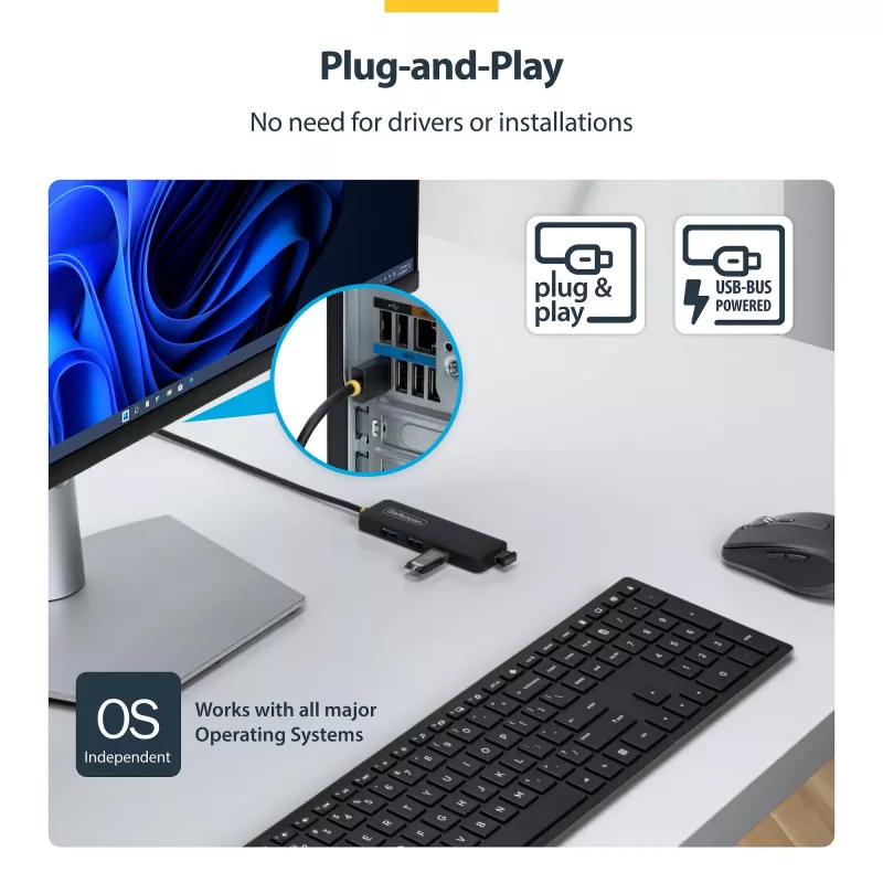 StarTech.com 4 prievadų USB-A šakotuvas, 5 Gbps, maitinamas iš magistralės, USB-A į 4x USB-A mini šakotuvas, ilgas 2 pėdų / 61 cm pagrindinis laidas, PCR plastikas, nešiojamas stalinio / nešiojamojo kompiuterio USB šakotuvas