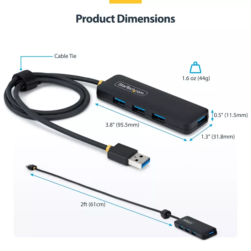 StarTech.com 4 prievadų USB-A šakotuvas, 5 Gbps, maitinamas iš magistralės, USB-A į 4x USB-A mini šakotuvas, ilgas 2 pėdų / 61 cm pagrindinis laidas, PCR plastikas, nešiojamas stalinio / nešiojamojo kompiuterio USB šakotuvas