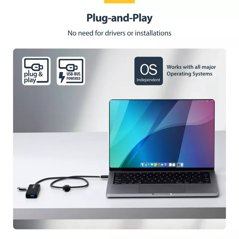 StarTech.com 4 prievadų USB-C šakotuvas, 5Gbps, maitinamas iš magistralės, USB-C į 4x USB-A mini šakotuvas, ilgas 61 cm laidas, PCR plastikas, nešiojamas stalinio / nešiojamojo kompiuterio USB šakotuvas