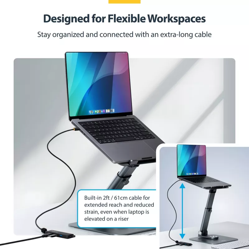 StarTech.com 4 prievadų USB-C šakotuvas, 5Gbps, maitinamas iš magistralės, USB-C į 4x USB-A mini šakotuvas, ilgas 61 cm laidas, PCR plastikas, nešiojamas stalinio / nešiojamojo kompiuterio USB šakotuvas