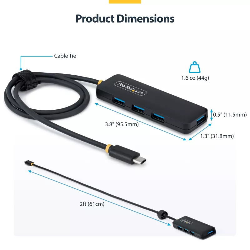 StarTech.com 4 prievadų USB-C šakotuvas, 5Gbps, maitinamas iš magistralės, USB-C į 4x USB-A mini šakotuvas, ilgas 61 cm laidas, PCR plastikas, nešiojamas stalinio / nešiojamojo kompiuterio USB šakotuvas