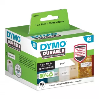 DYMO Original LabelWriter Patvarūs Lipdukai | 25mm x 89mm | Baltas Polipropilenas | 2 ritės po 350 (700 lipdukų) | Aukšto našumo | Skirti LabelWriter etikečių spausdintuvams