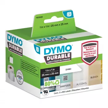 DYMO Original LabelWriter Durable Lipdukai | 25mm x 25mm | Baltas Polipropilenas | 2 Rulonai po 850 (1700 Savarankiškai Lipnūs Lipdukai) | Aukšto Našumo | Skirti LabelWriter Etikečių Spausdintuvams