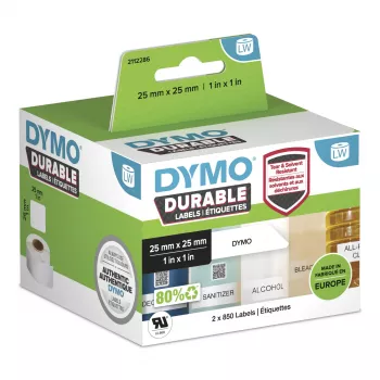 DYMO Original LabelWriter Durable Lipdukai | 25mm x 25mm | Baltas Polipropilenas | 2 Rulonai po 850 (1700 Savarankiškai Lipnūs Lipdukai) | Aukšto Našumo | Skirti LabelWriter Etikečių Spausdintuvams