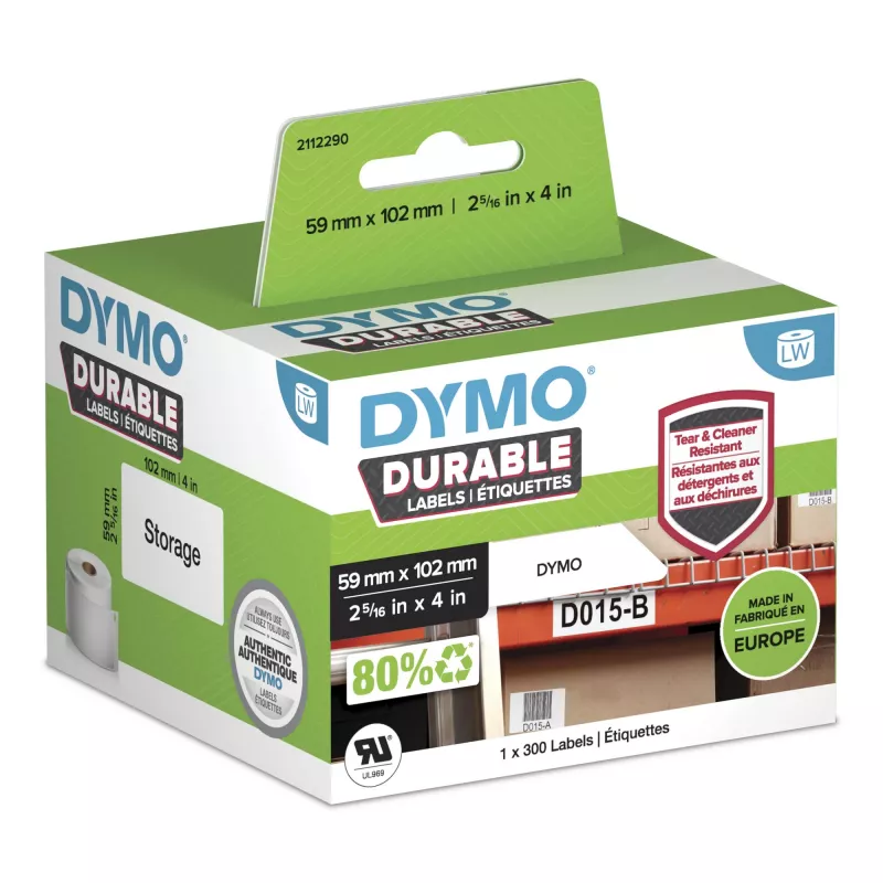 DYMO Original LabelWriter Durable Labels 59mm x 102mm, balta polipropileno, 300 vnt., lipnios etiketės, didelio našumo, skirtos LabelWriter etikečių spausdintuvams