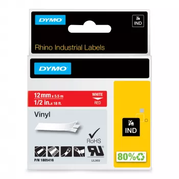 DYMO Rhino pramoninės vinilinės etiketės | 12 mm x 5,5 m | Baltas šriftas raudoname fone | Lipnios | LabelManager ir Rhino žymekliams