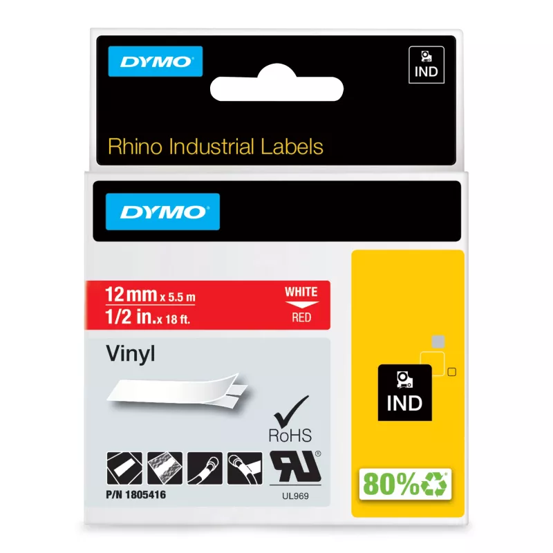 DYMO Rhino pramoninės vinilinės etiketės | 12 mm x 5,5 m | Baltas šriftas raudoname fone | Lipnios | LabelManager ir Rhino žymekliams