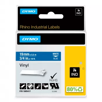 DYMO Rhino pramoninės vinilinės etiketės | 19 mm x 5,5 m | baltas spaudinys mėlyname fone | lipnios | LabelManager ir Rhino etikečių spausdintuvams