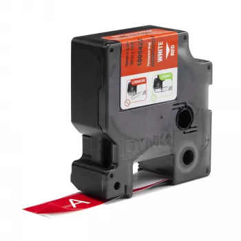 DYMO Rhino pramoninės vinilo etiketės | 19 mm x 5,5 m | Baltas spausdinimas ant raudono | Lipnios | skirta Rhino ir LabelManager žymekliams