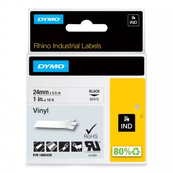 DYMO Rhino pramoninės vinilinės etiketės | 24 mm x 5,5 m | juodas spausdinimas ant baltos | lipnios | LabelManager ir Rhino etikečių spausdintuvams