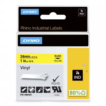 DYMO Rhino pramoninės vinilinės etiketės | 24 mm x 5,5 m | juodas spausdinimas ant geltonos | lipnios | LabelManager ir Rhino etikečių spausdintuvams
