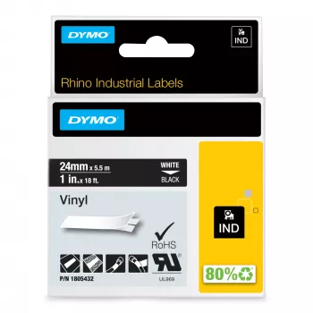 DYMO Rhino pramoninės vinilinės etiketės | 24 mm x 5,5 m | baltas spausdinimas ant juodo | savaime lipnios | LabelManager ir Rhino etikečių spausdintuvams