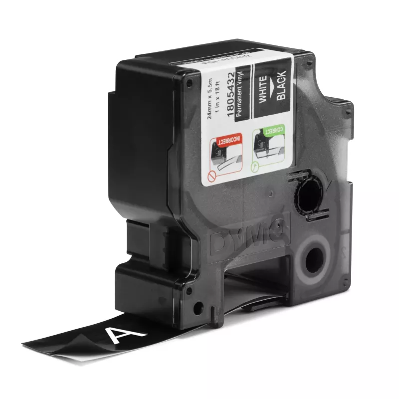 DYMO Rhino pramoninės vinilinės etiketės | 24 mm x 5,5 m | baltas spausdinimas ant juodo | savaime lipnios | LabelManager ir Rhino etikečių spausdintuvams