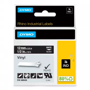 DYMO Rhino pramoniniai vinilo lipdukai | 12 mm x 5,5 m | Baltas spaudinys ant juodo | Lipnūs | LabelManager ir Rhino etikečių spausdintuvams