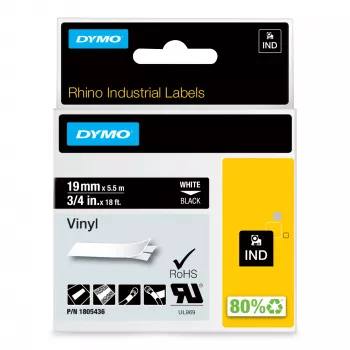 DYMO Rhino pramoninės vinilo etiketės | 19 mm x 5,5 m | Baltas spausdinimas ant juodo | Lipnios | LabelManager ir Rhino etikečių spausdintuvams