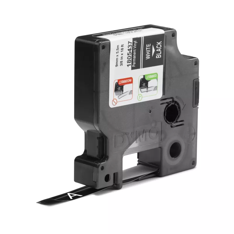 DYMO Rhino pramoninės vinilinės etiketės | 9 mm x 5,5 m | Baltas spausdinimas ant juodo | Lipnios | Skirtos LabelManager ir Rhino etikečių spausdintuvams