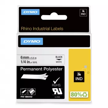 DYMO Rhino Industrial nuolatinės poliesterio etiketės | 6 mm x 5,5 m | juodas spausdinimas ant balto | lipnios | Rhino ir LabelManager etikečių spausdintuvams