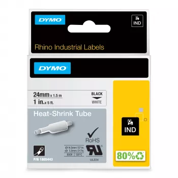 DYMO Rhino pramoniniai termosusitraukiantys kabelių žymėjimo vamzdeliai | 24 mm x 1,5 m | juodas spaudinys ant balto | lipnūs | skirti Rhino žymekliams