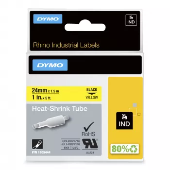 DYMO Rhino pramoniniai termosusitraukiantys kabelių žymėjimo vamzdeliai | 24 mm x 1,5 m | Juodas spaudinys ant geltono | Rhino etikečių spausdintuvams