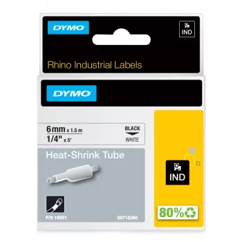 DYMO Rhino pramoniniai termosusitraukiantys kabelių etikečių vamzdeliai | 6mm x 1,5m | Juodas spausdinimas ant balto | skirta Rhino etikečių spausdintuvams