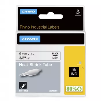 DYMO Rhino pramoniniai termosusitraukiantys kabelių etikečių vamzdeliai | 9 mm x 1,5 m | Juodas spausdinimas ant balto | Rhino etikečių spausdintuvams